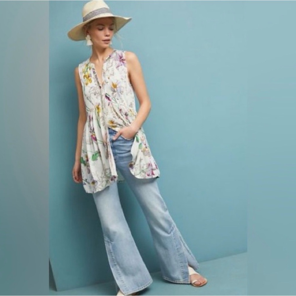Anthropologie Nia White Floral Sleeveless Button Up Tunic Womens Size Large